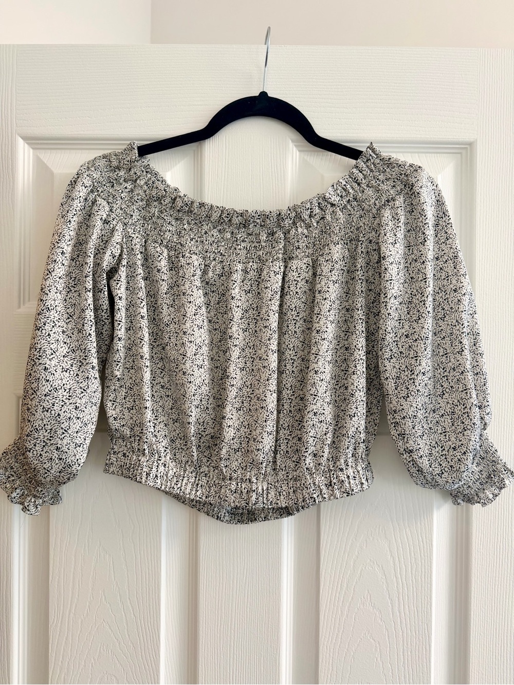 Express Black and White Smocked Off-Shoulder Crop Top